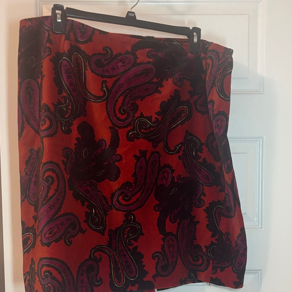 Talbots Red Orange Paisley Pencil Velvet Skirt SZ 22W 100% Cotton lined NWOT